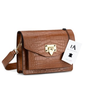 Geanta dama din piele naturala lacuita cu textura croco DiAmanti Sofia Maro Coniac